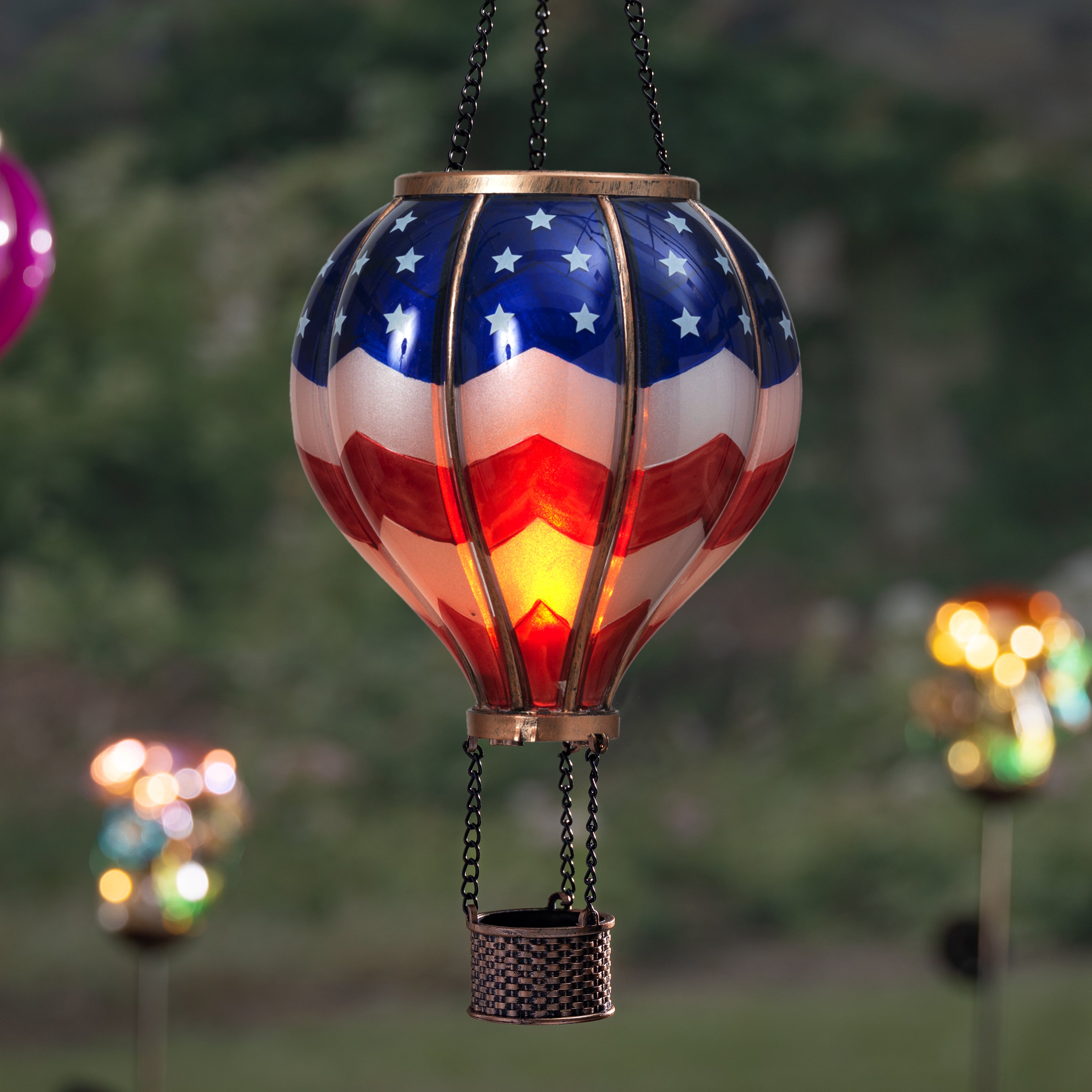 Patriotic 24.4 inch Solar Lighted Fire Glow Americana Hot Air Balloon Lantern